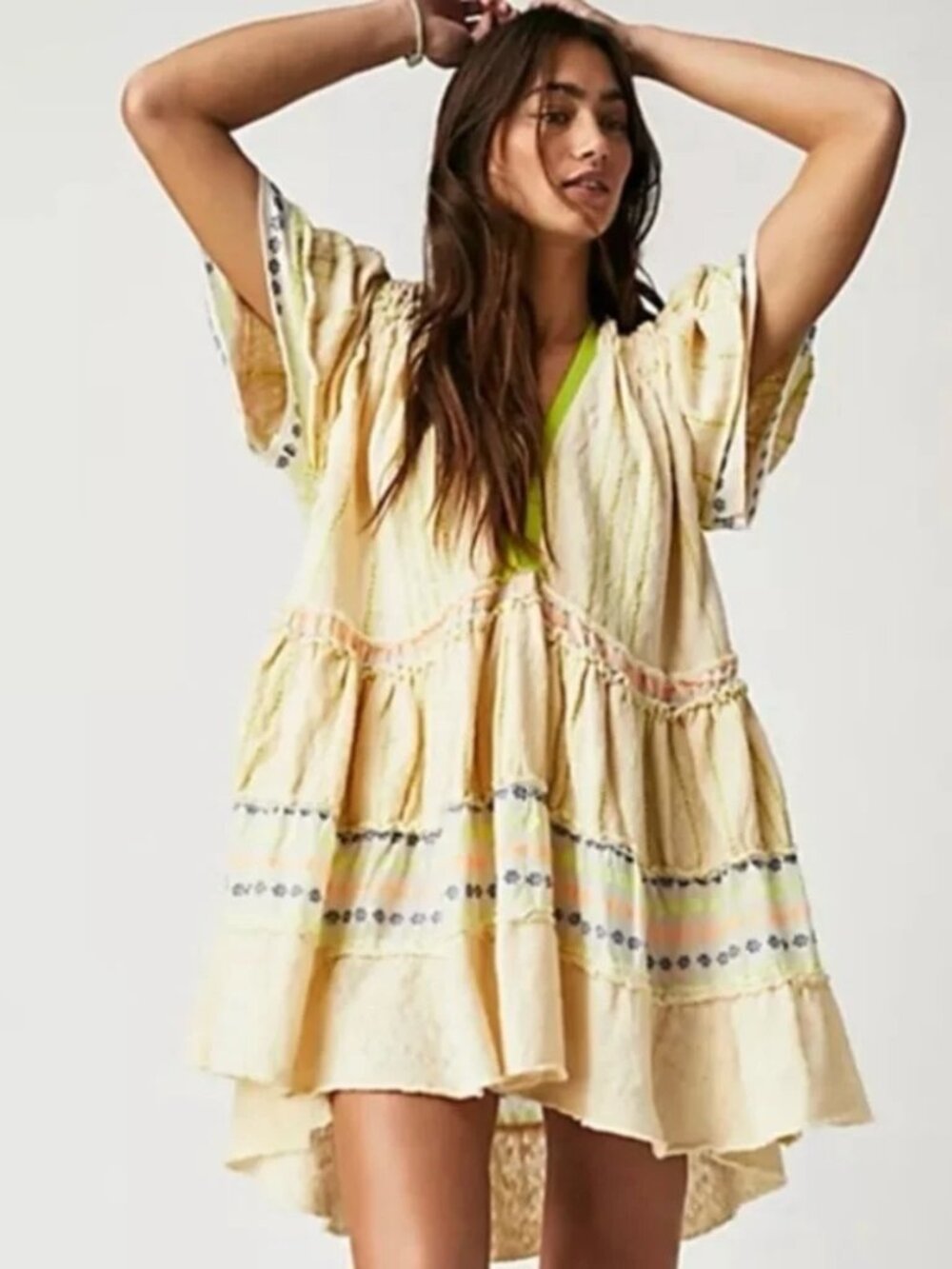 Free People Cream Tiered Mini Dress with Neon Lime Trim